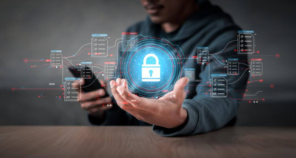 Digital padlock and security icons representing cybersecurity and network defence