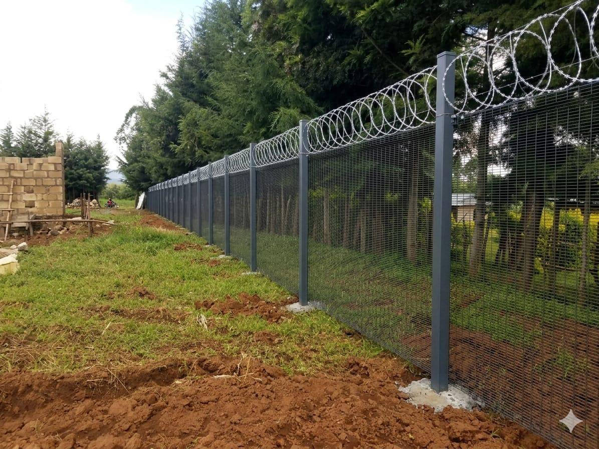 Newly installed perimeter security fence with razor-wire topping
